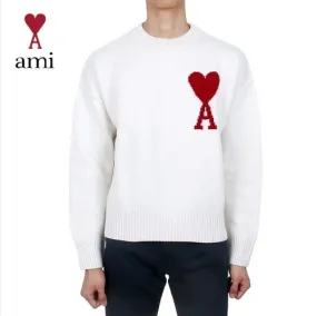 AMI PARIS  |Heart Wool Long Sleeves Logo Designers Sweaters