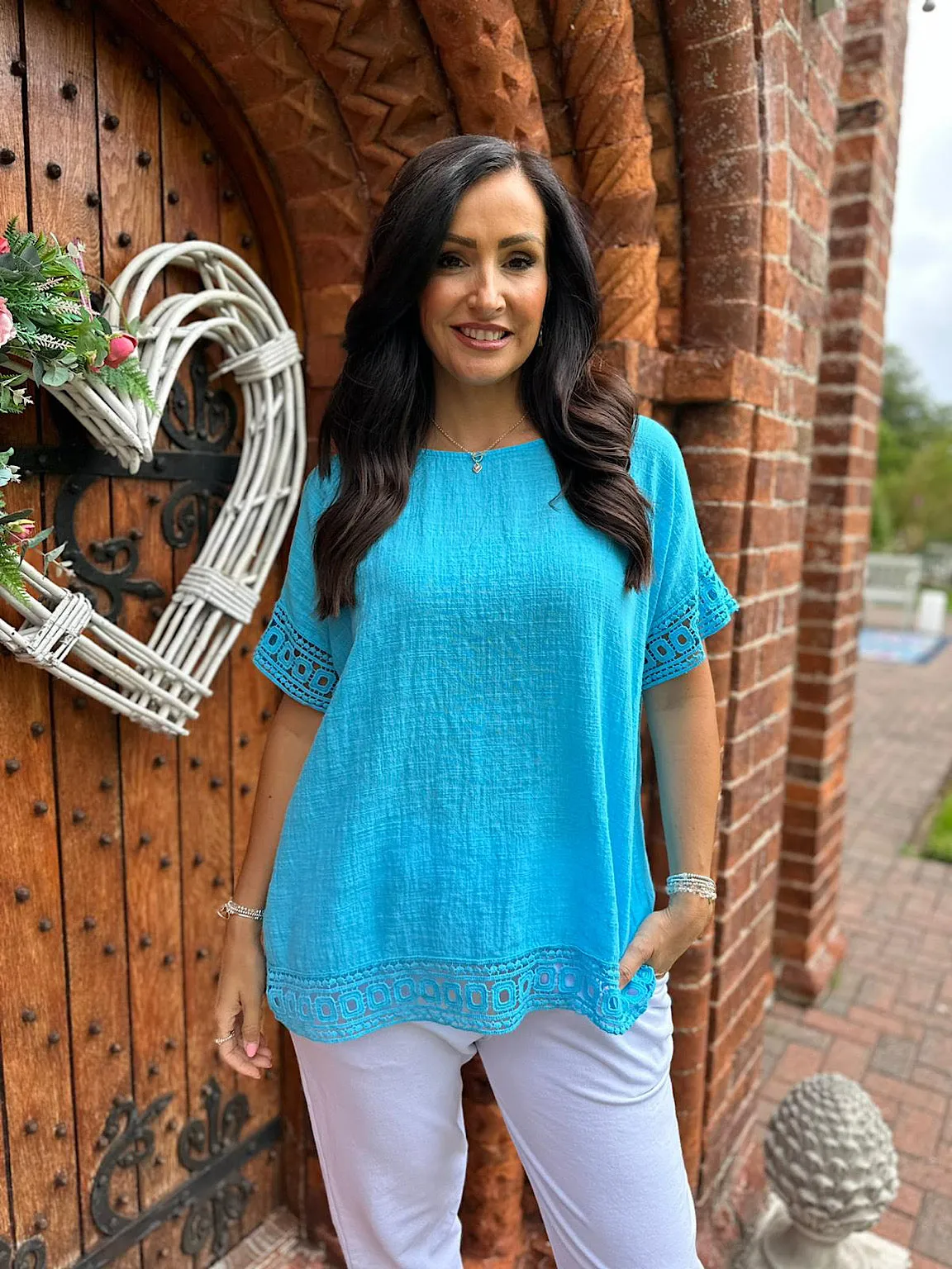 Aqua Crochet Trim Top Rachel