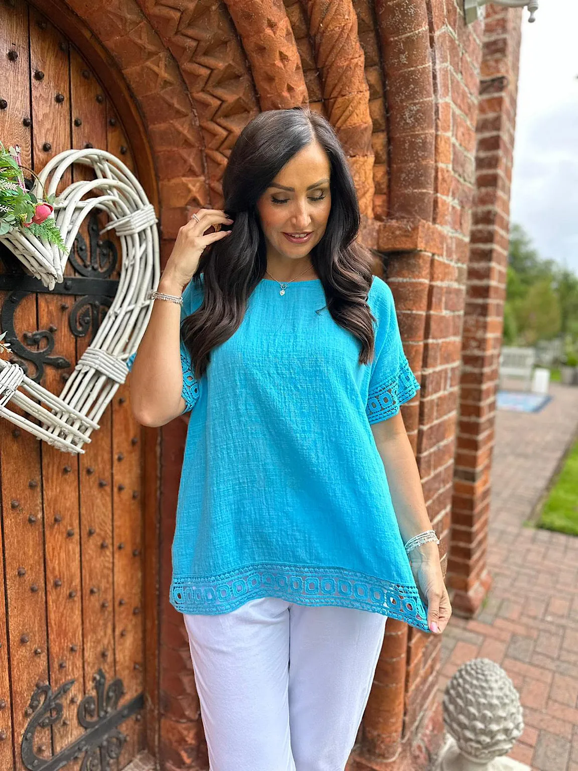 Aqua Crochet Trim Top Rachel