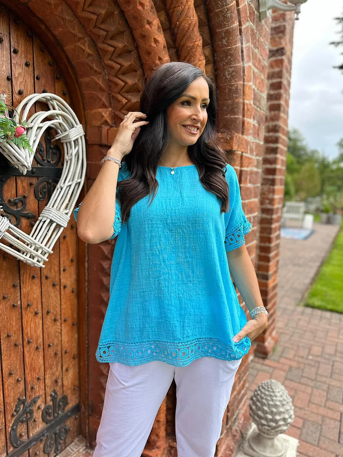 Aqua Crochet Trim Top Rachel