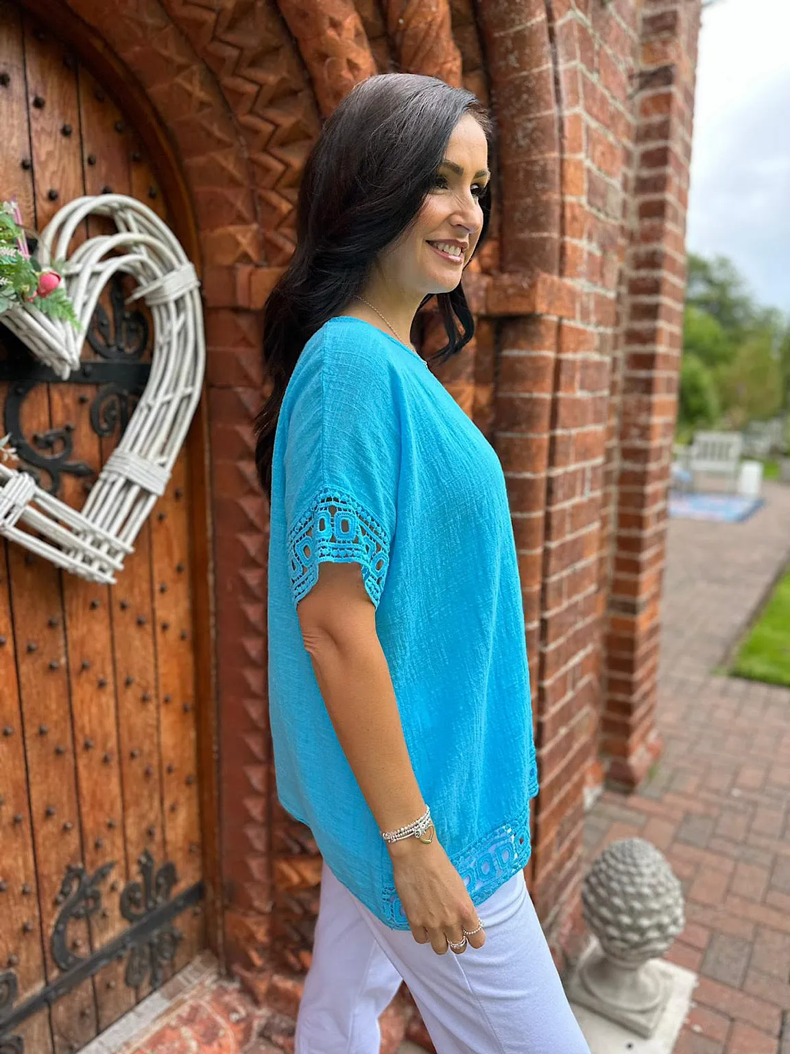 Aqua Crochet Trim Top Rachel