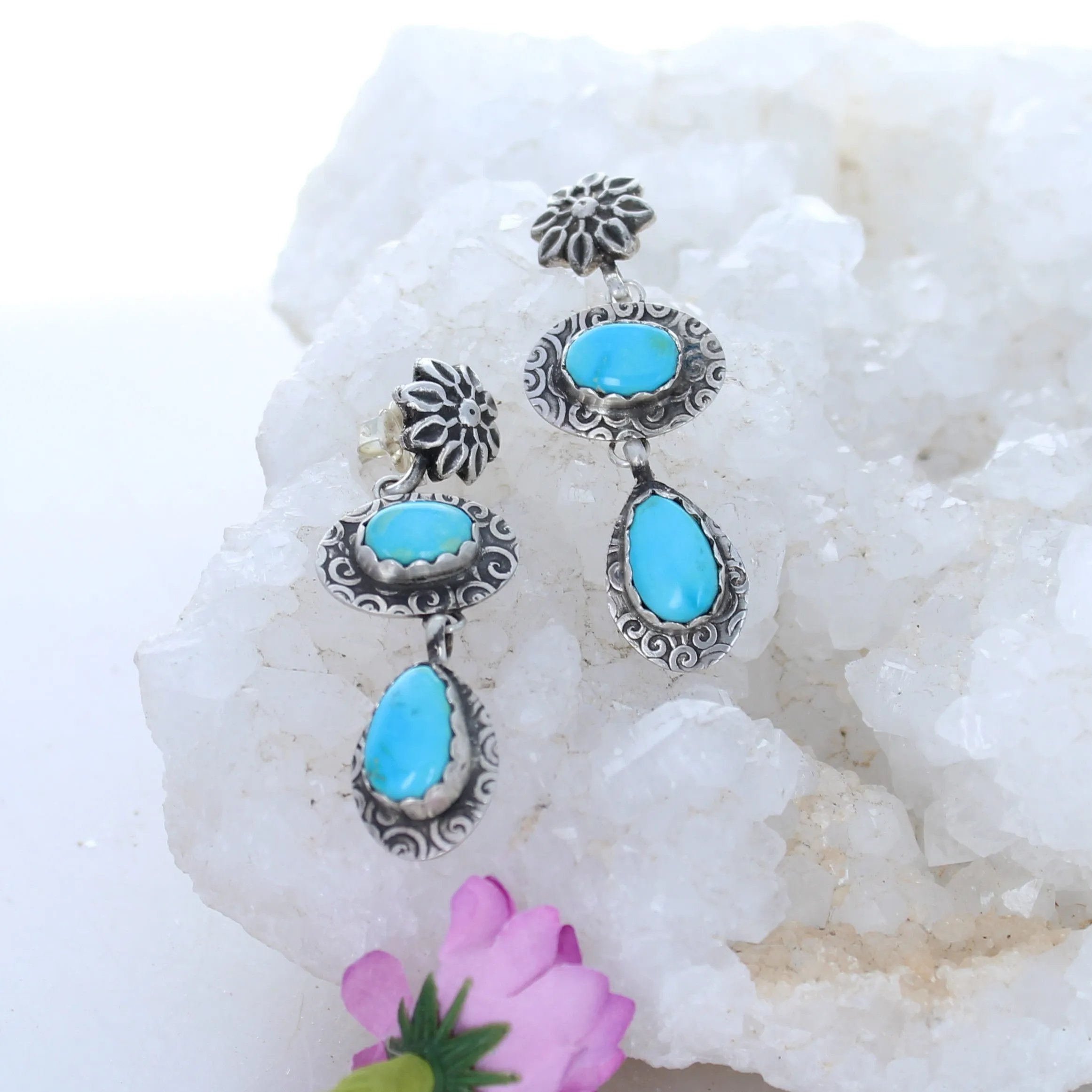 Blue Ridge Turquoise Earrings 2 Stone Blue Spiral Design Sterling