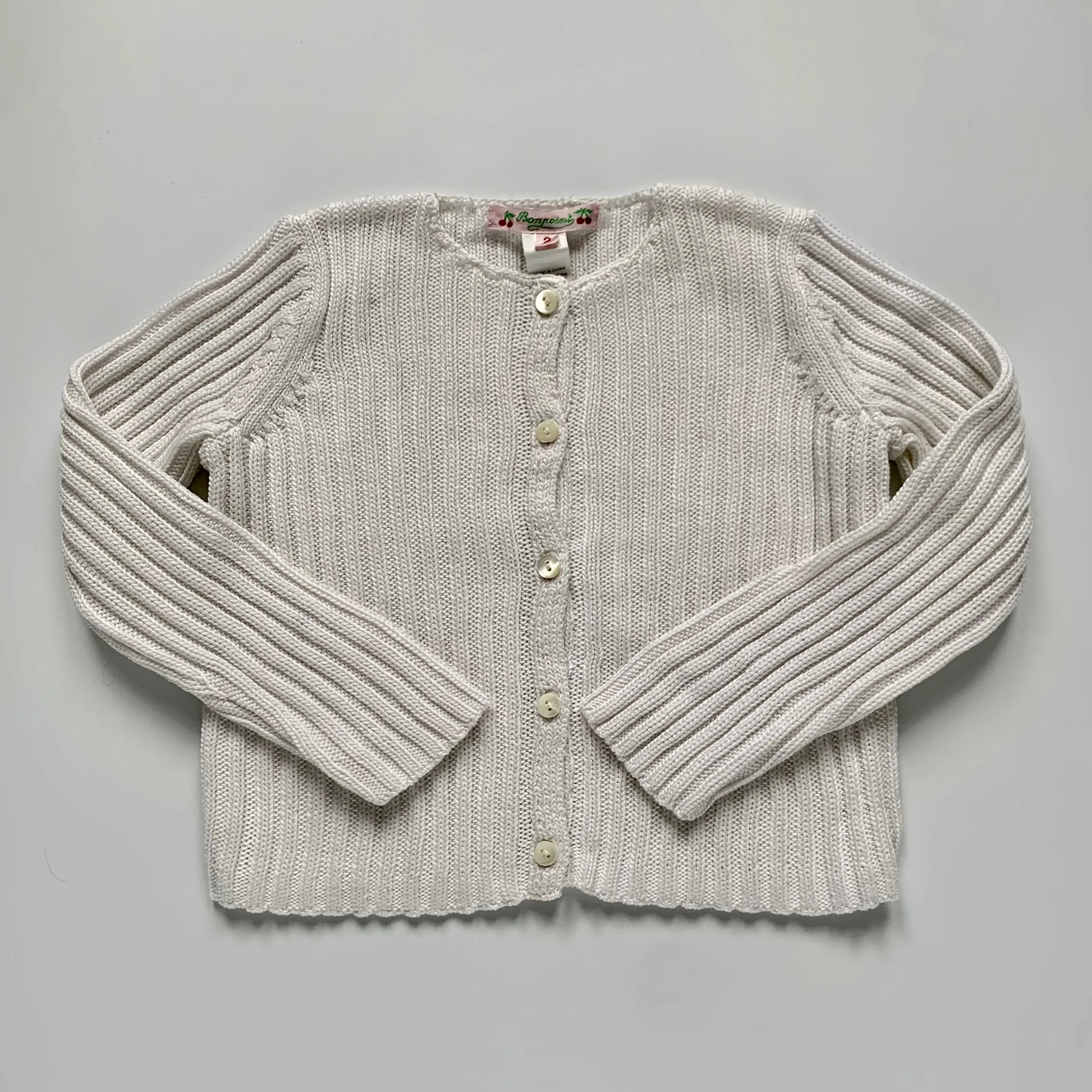 Bonpoint White Ribbed Cotton Cardigan: 2 Years