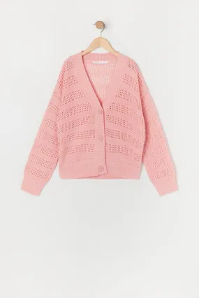 Cardigan rose en tricot ajouré pour fille