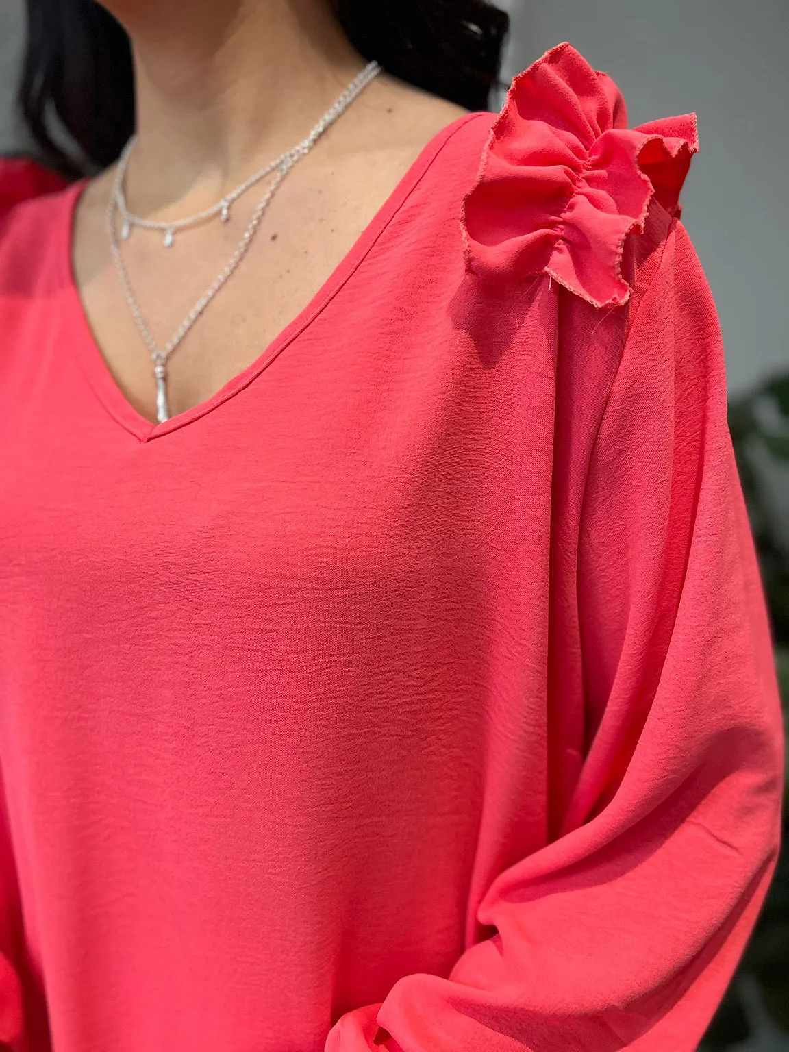 Coral Crepe Frill Shoulder Blouse Danni