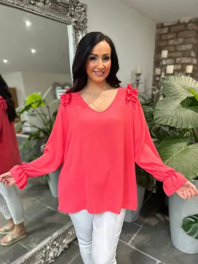 Coral Crepe Frill Shoulder Blouse Danni