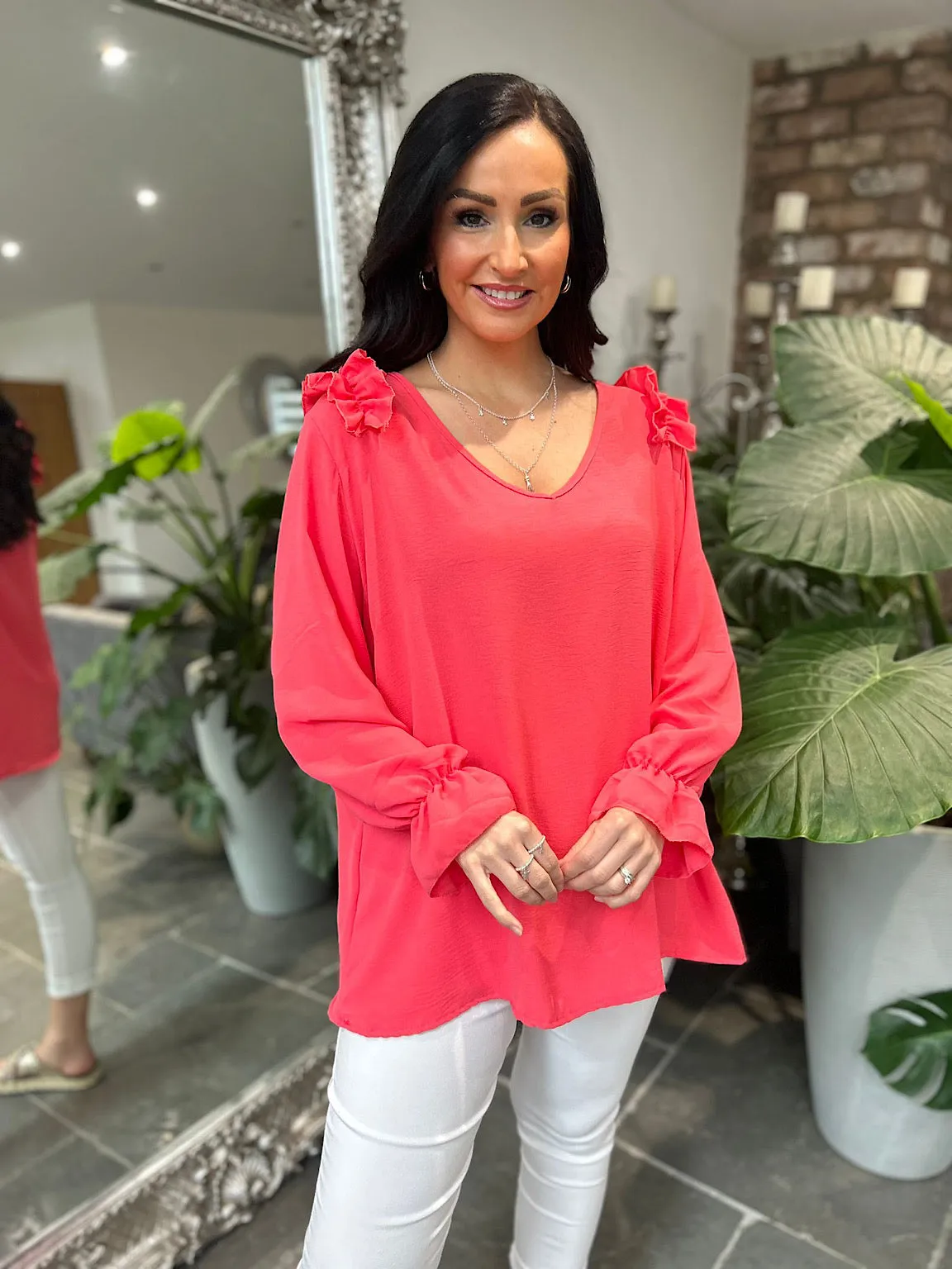 Coral Crepe Frill Shoulder Blouse Danni