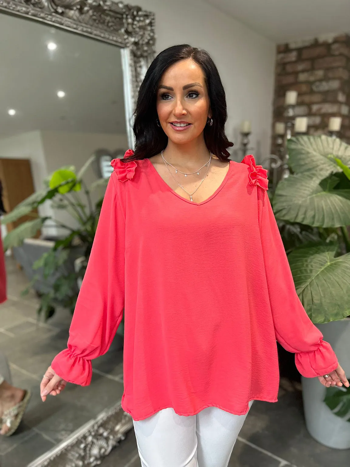 Coral Crepe Frill Shoulder Blouse Danni