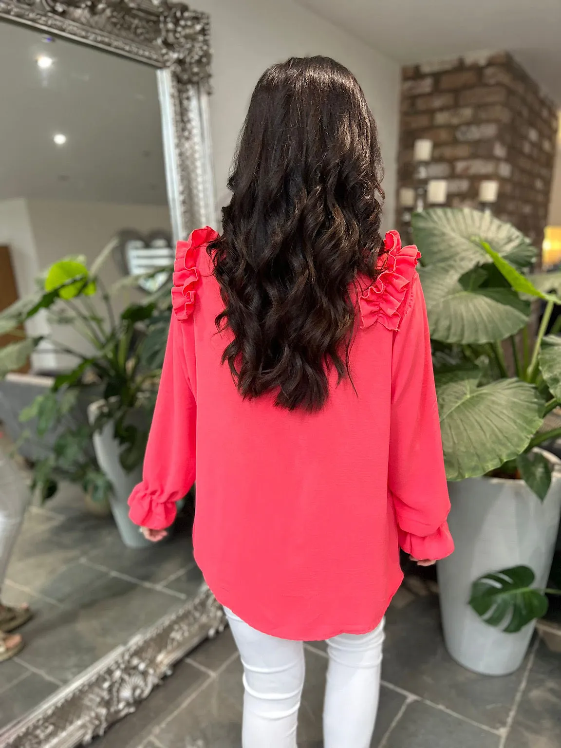 Coral Crepe Frill Shoulder Blouse Danni