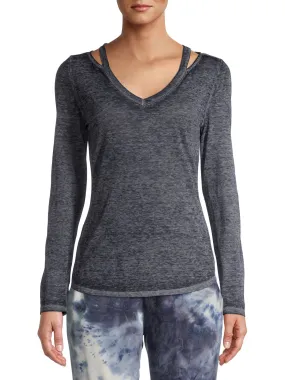 DEREK HEART Womens Blue Heather Long Sleeve V Neck Top