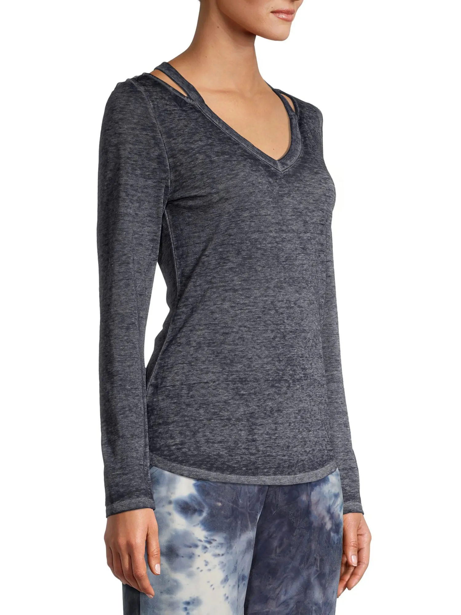 DEREK HEART Womens Blue Heather Long Sleeve V Neck Top