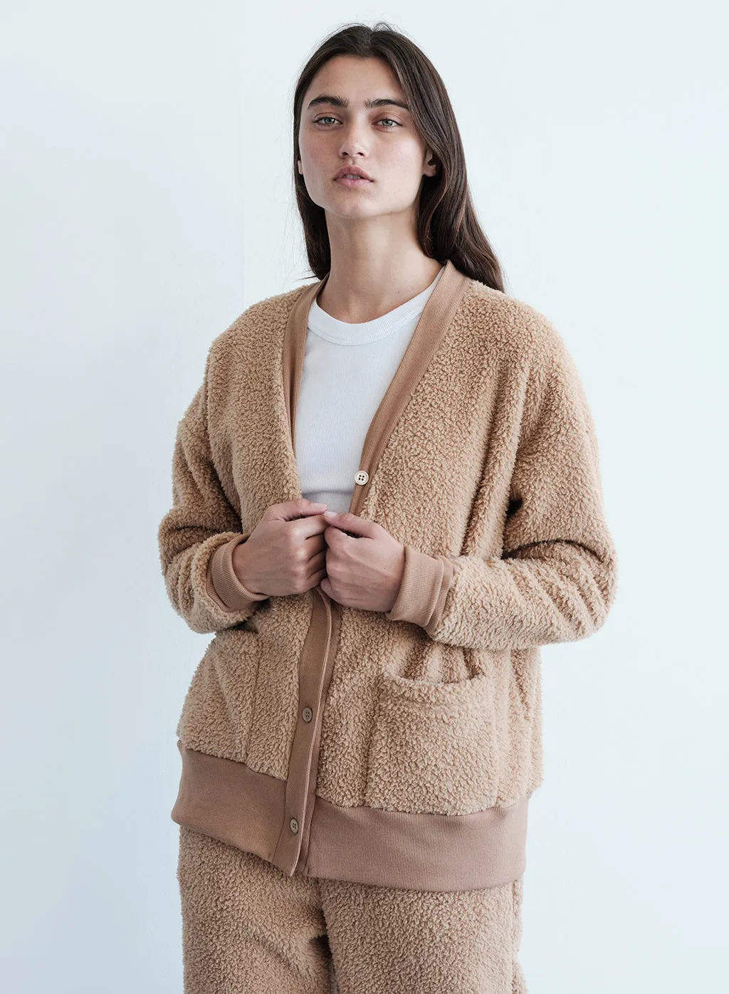 Double Faced Sherpa Oversized Cardigan in Teddy