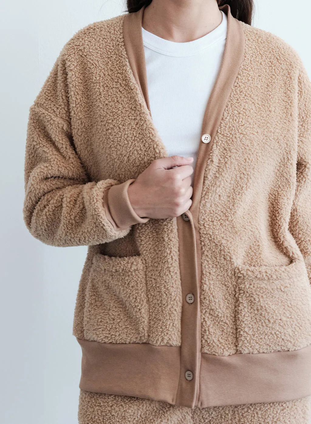 Double Faced Sherpa Oversized Cardigan in Teddy