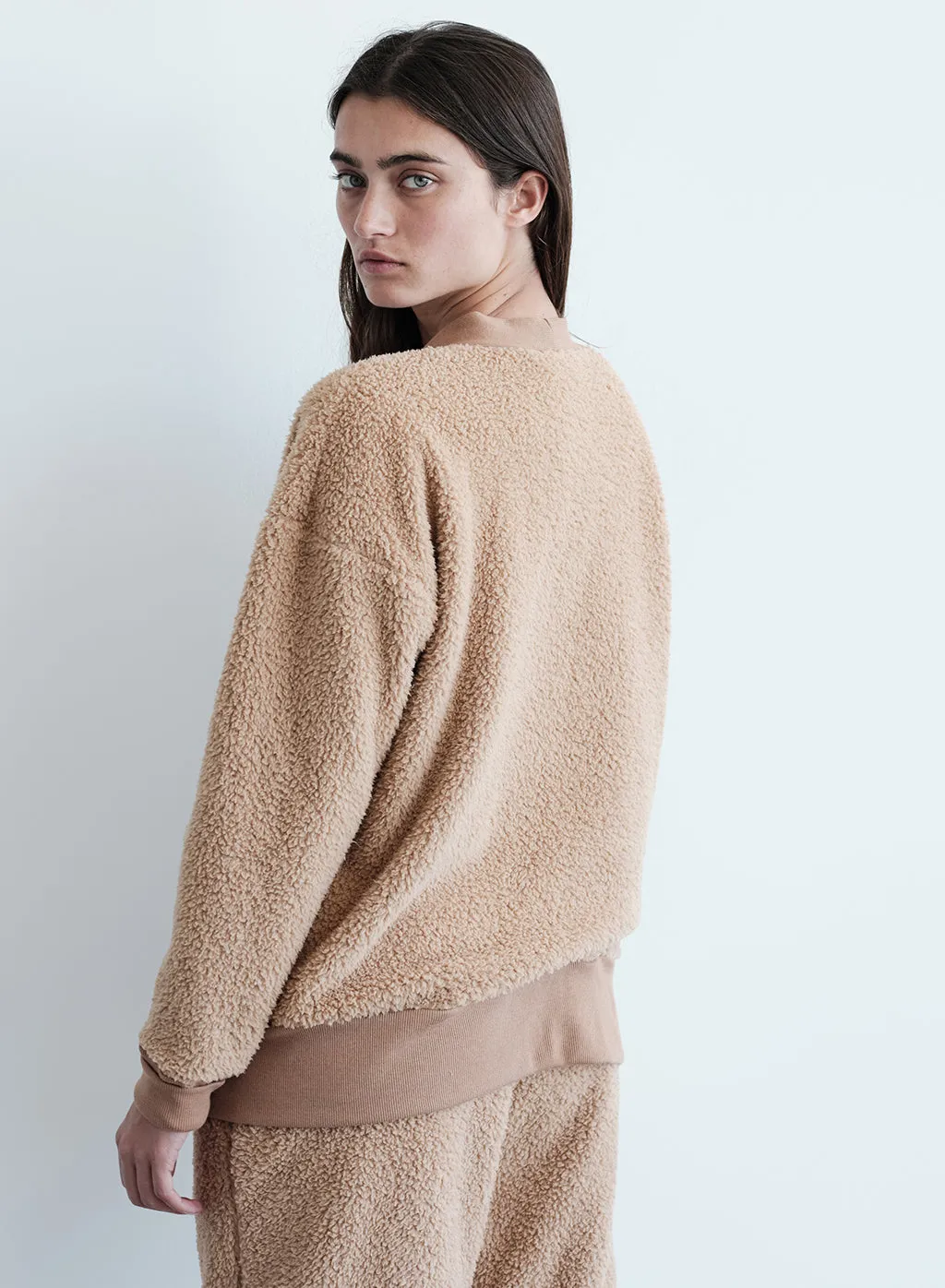 Double Faced Sherpa Oversized Cardigan in Teddy