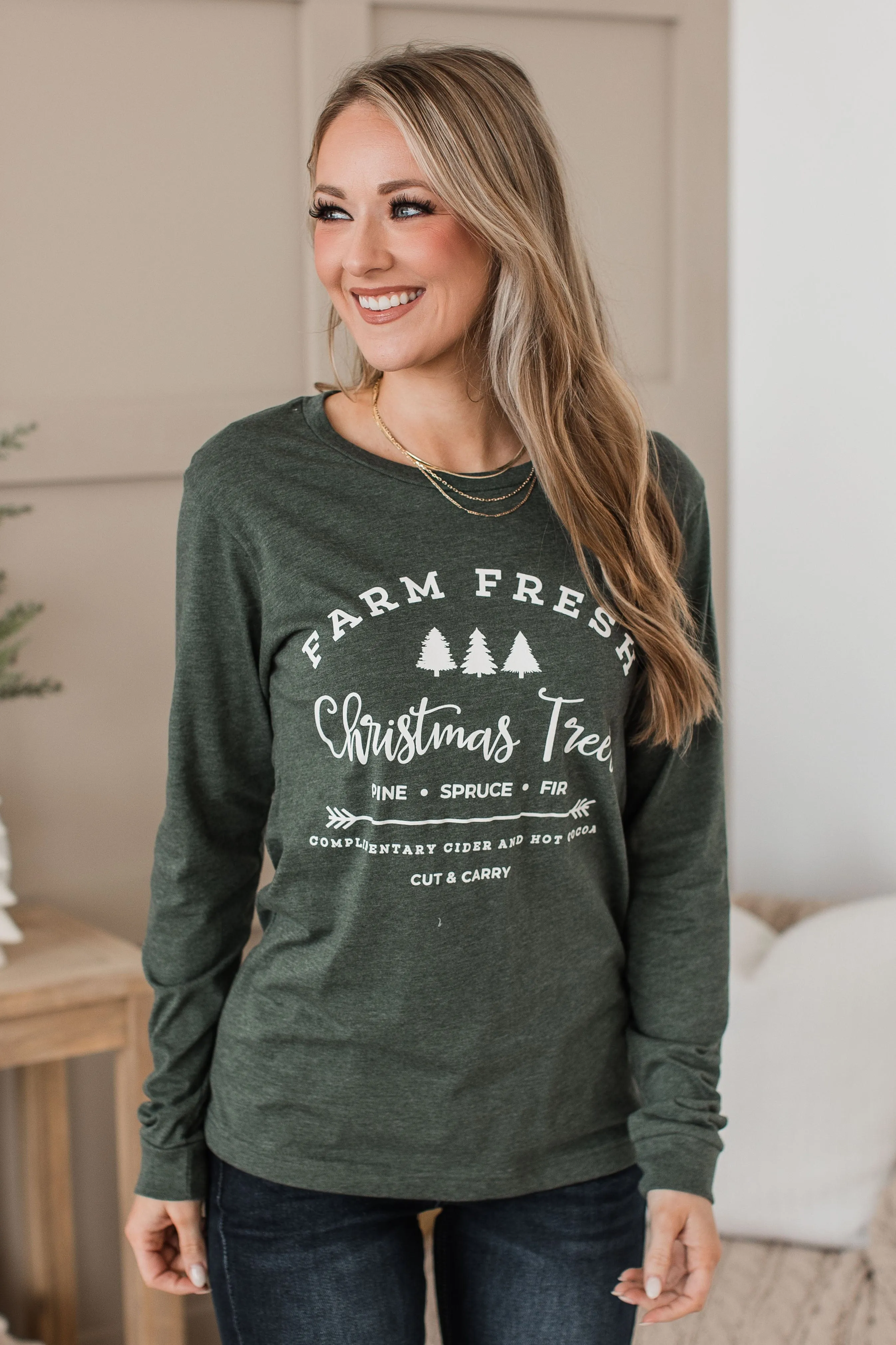 Farm Fresh Christmas Trees Long Sleeve Graphic Top- Hunter Green