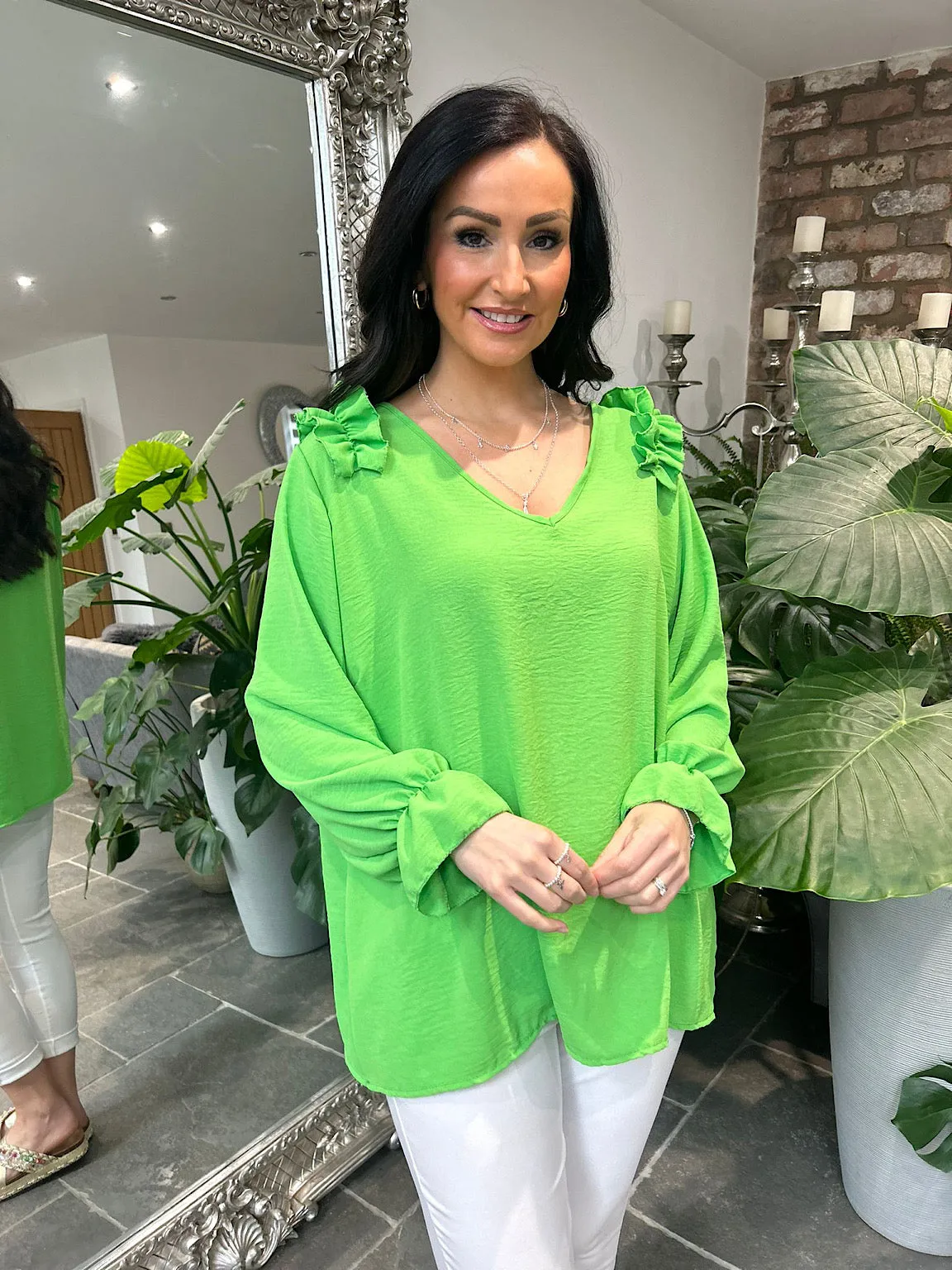 Green Crepe Frill Shoulder Blouse Danni