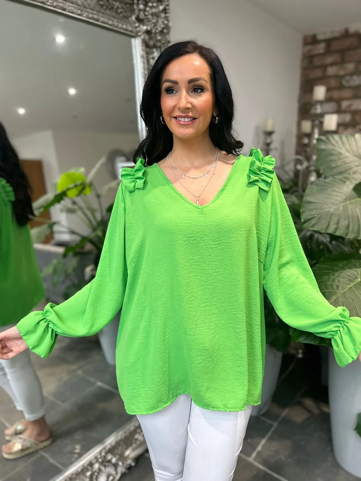 Green Crepe Frill Shoulder Blouse Danni