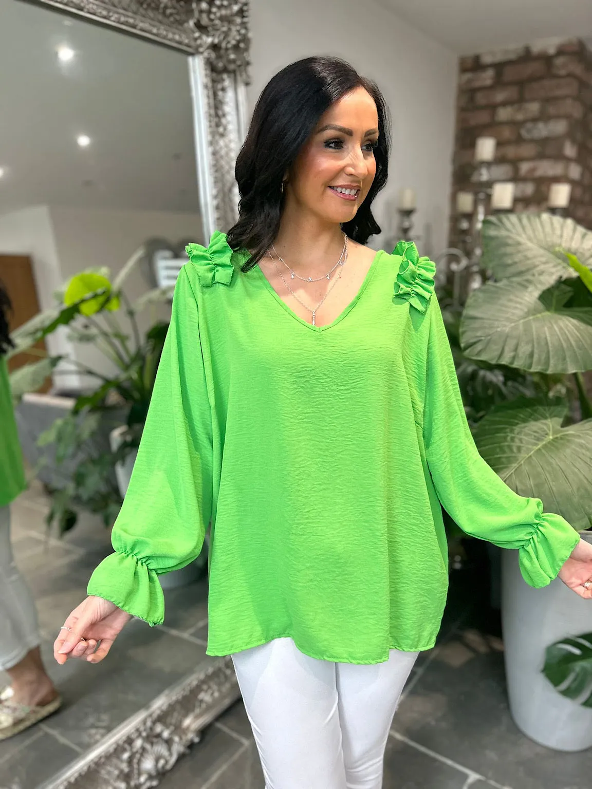 Green Crepe Frill Shoulder Blouse Danni