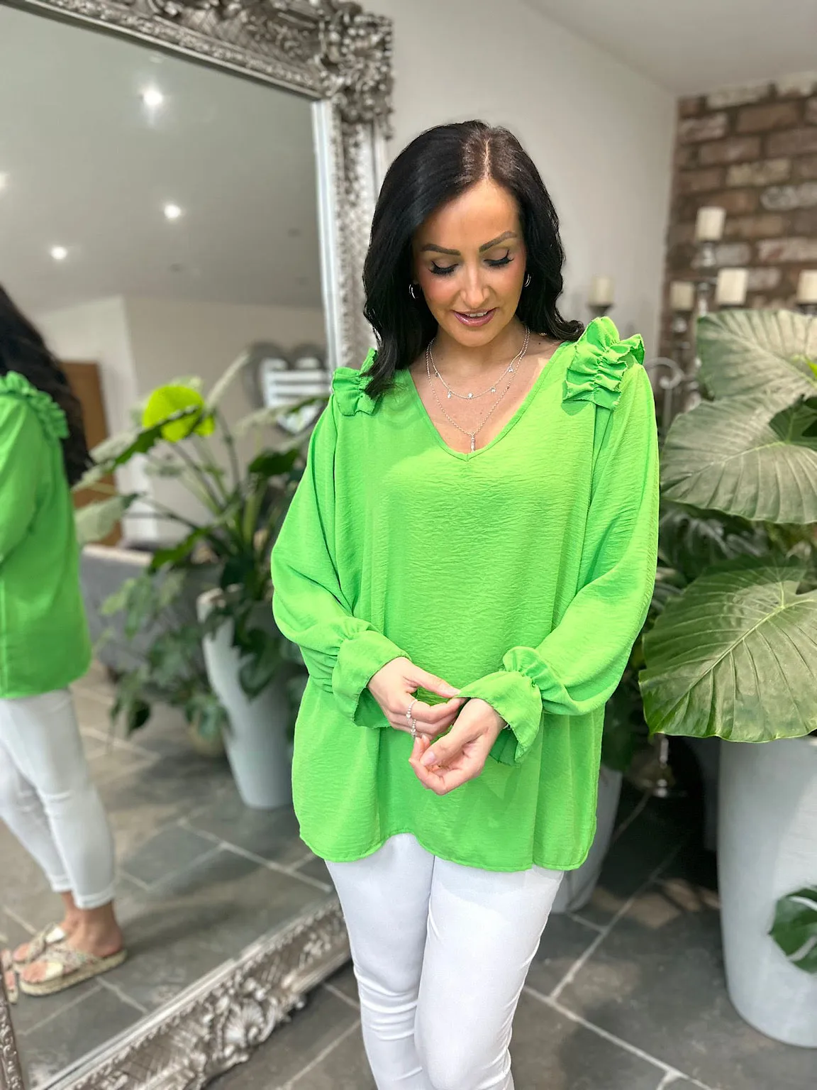 Green Crepe Frill Shoulder Blouse Danni