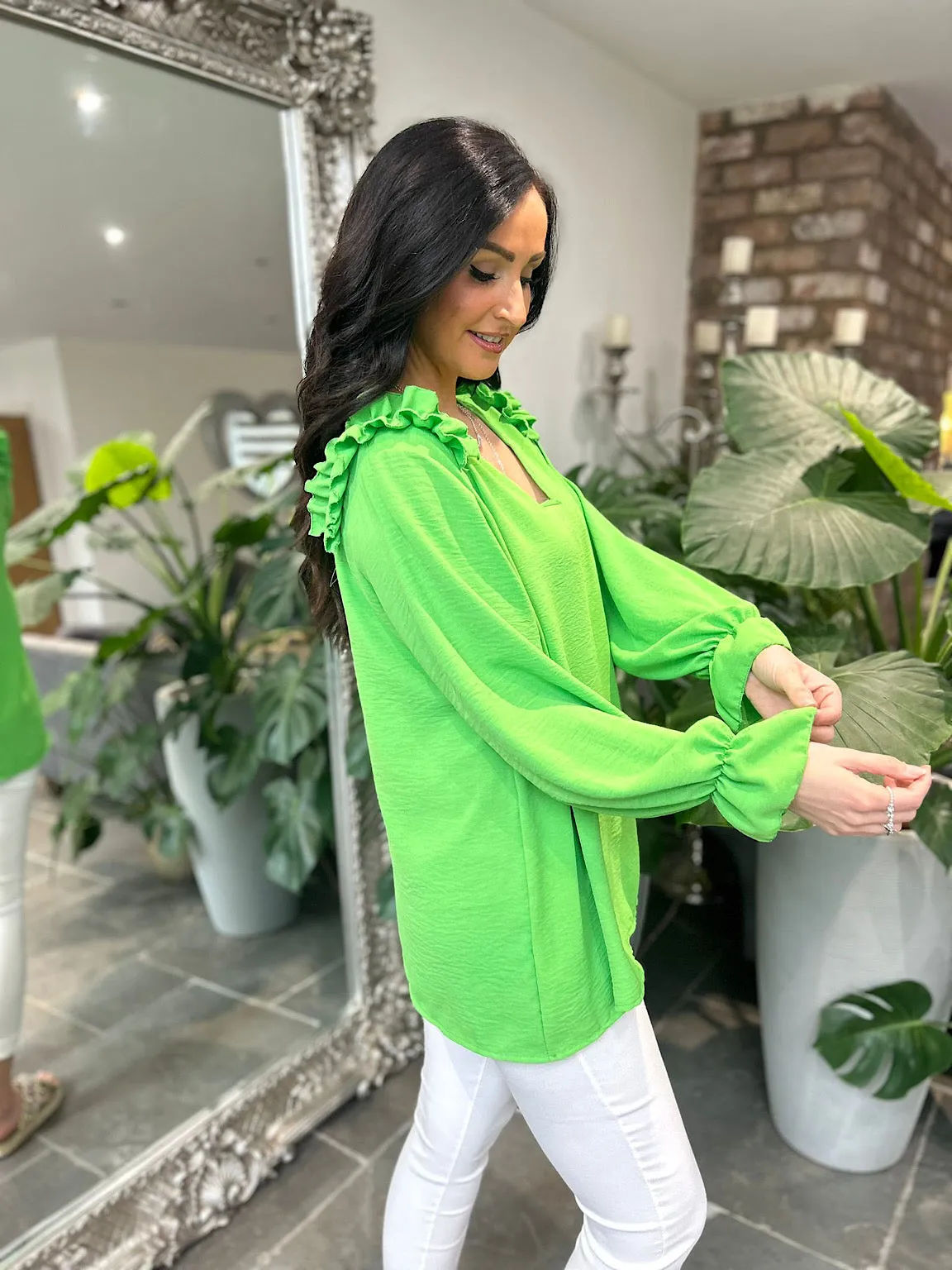 Green Crepe Frill Shoulder Blouse Danni