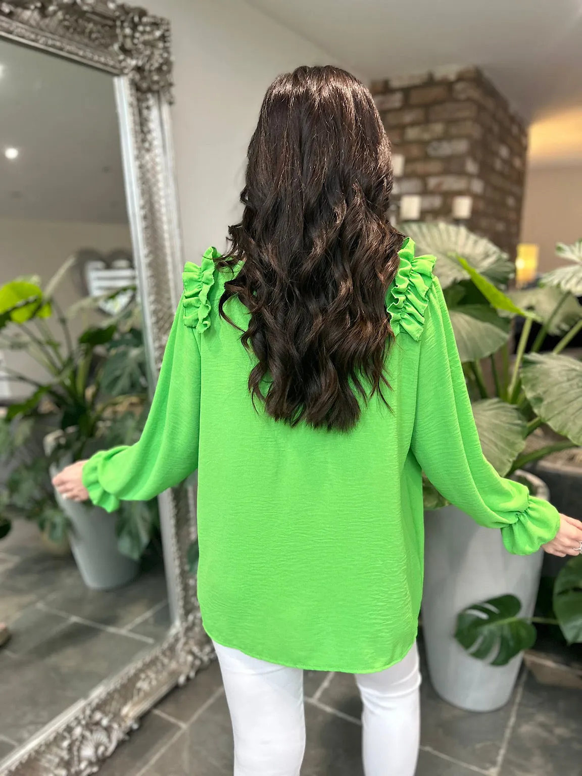 Green Crepe Frill Shoulder Blouse Danni