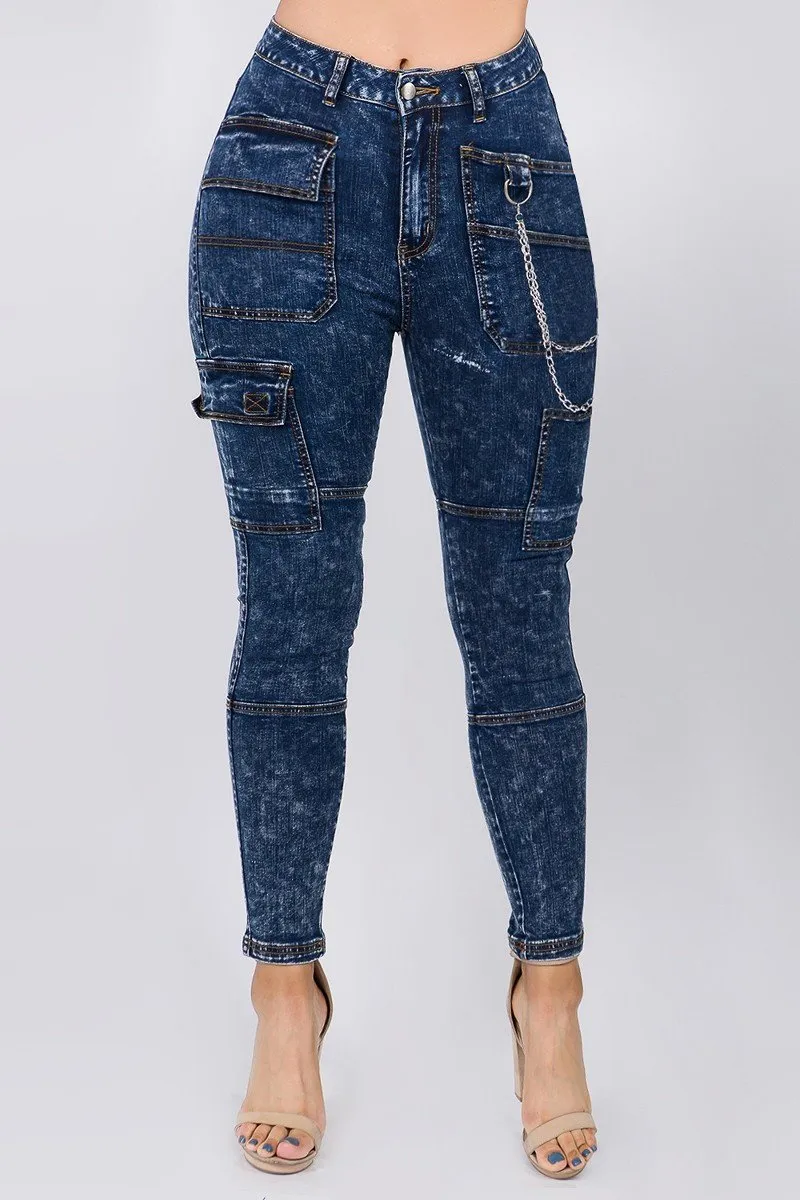 High Waist Dark Washed Skinny Jeans With Cargo Pockets