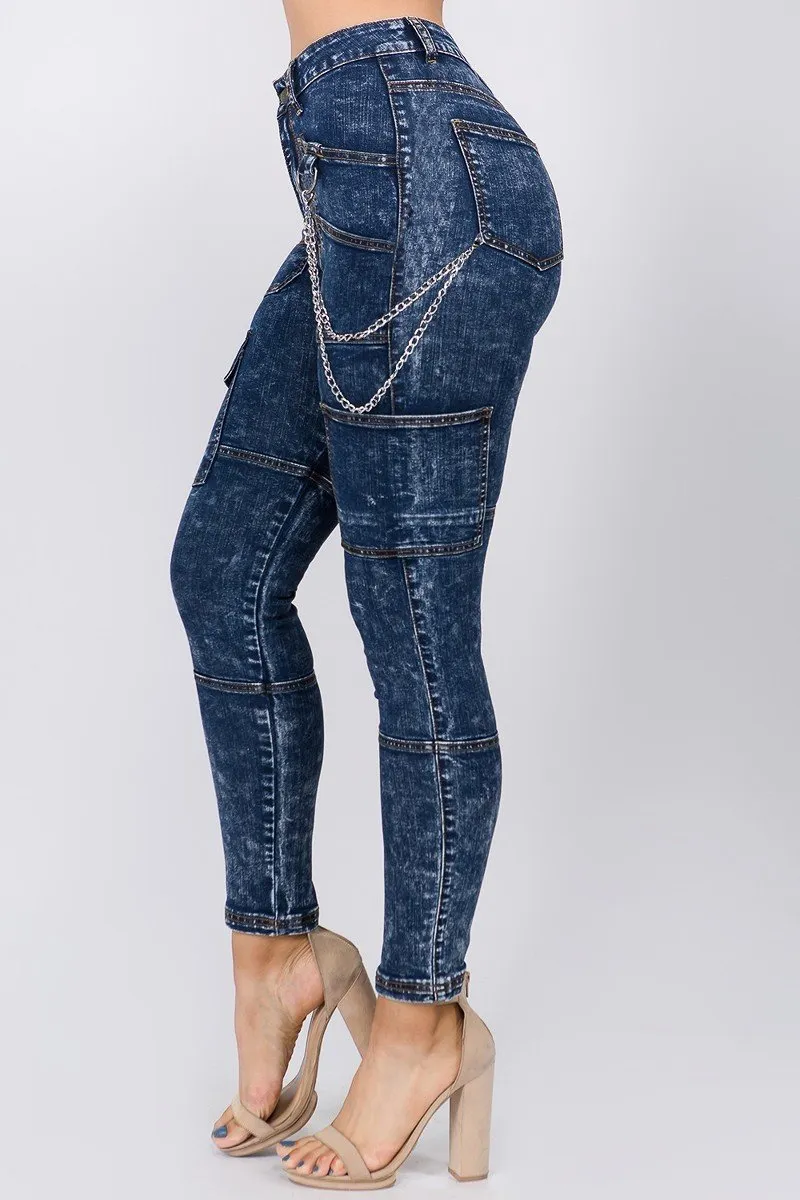 High Waist Dark Washed Skinny Jeans With Cargo Pockets