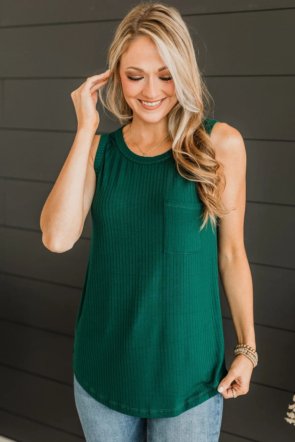 Just Peachy Ribbed Tank Top- Hunter Green