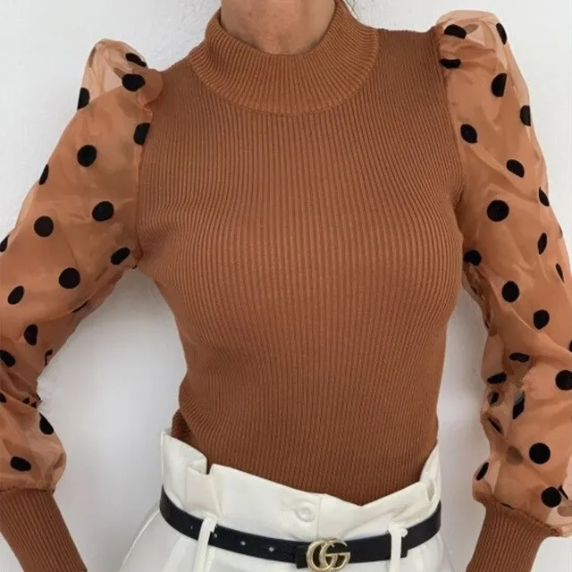 Lady Embroidery Lantern Sheer Mesh Sleeve Blouse shirts Women Autumn Polka Dot Print Blusa pullovers Elegant see through  tops