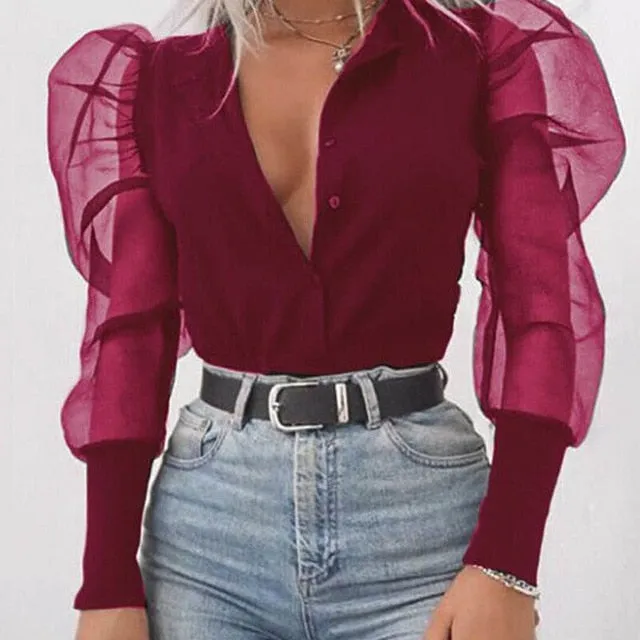 Lady Embroidery Lantern Sheer Mesh Sleeve Blouse shirts Women Autumn Polka Dot Print Blusa pullovers Elegant see through  tops