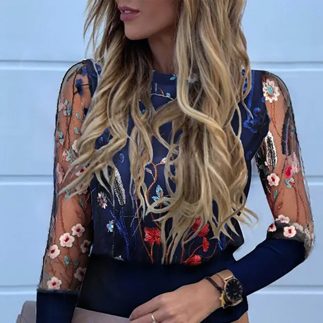 Lady Embroidery Lantern Sheer Mesh Sleeve Blouse shirts Women Autumn Polka Dot Print Blusa pullovers Elegant see through  tops