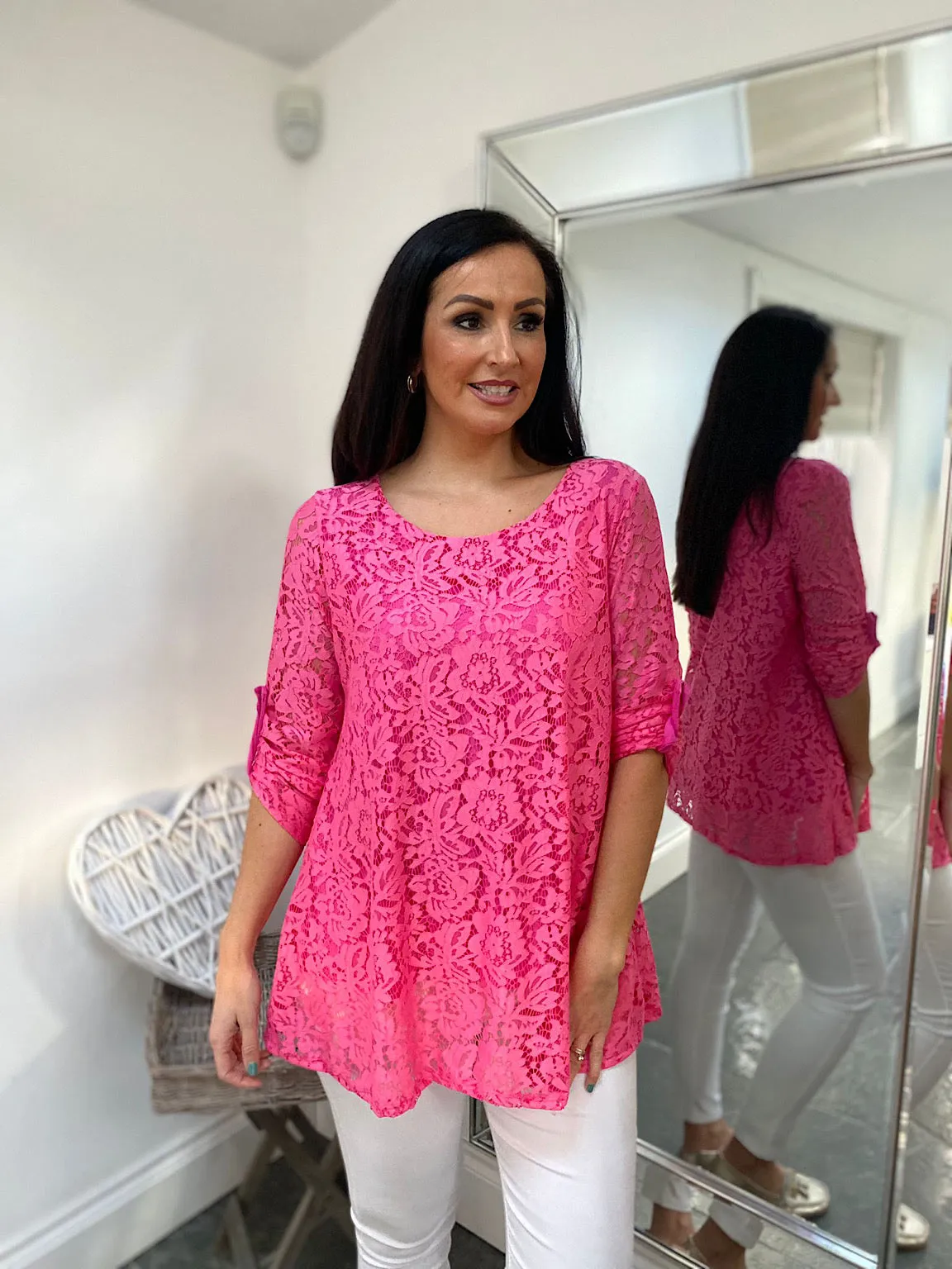 Lipstick Pink Floral Lace Top Charlie