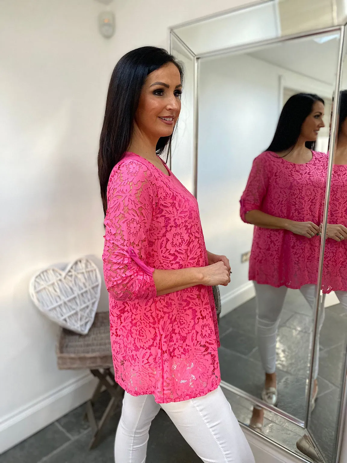 Lipstick Pink Floral Lace Top Charlie