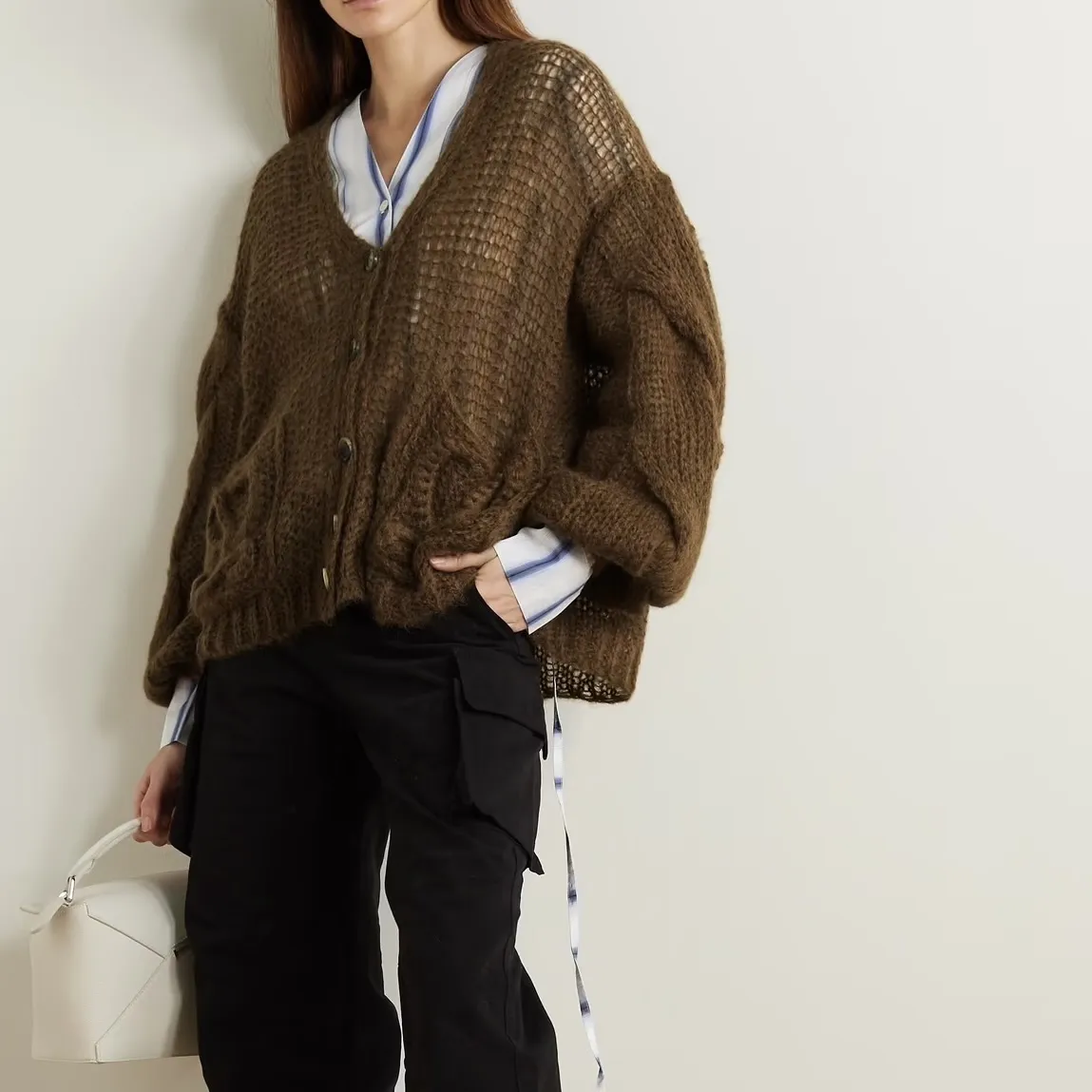 LOEWE  |Wool Blended Fabrics Long Sleeves Oversized Logo Cardigans