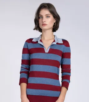 Lurex red & blue rugby knit top