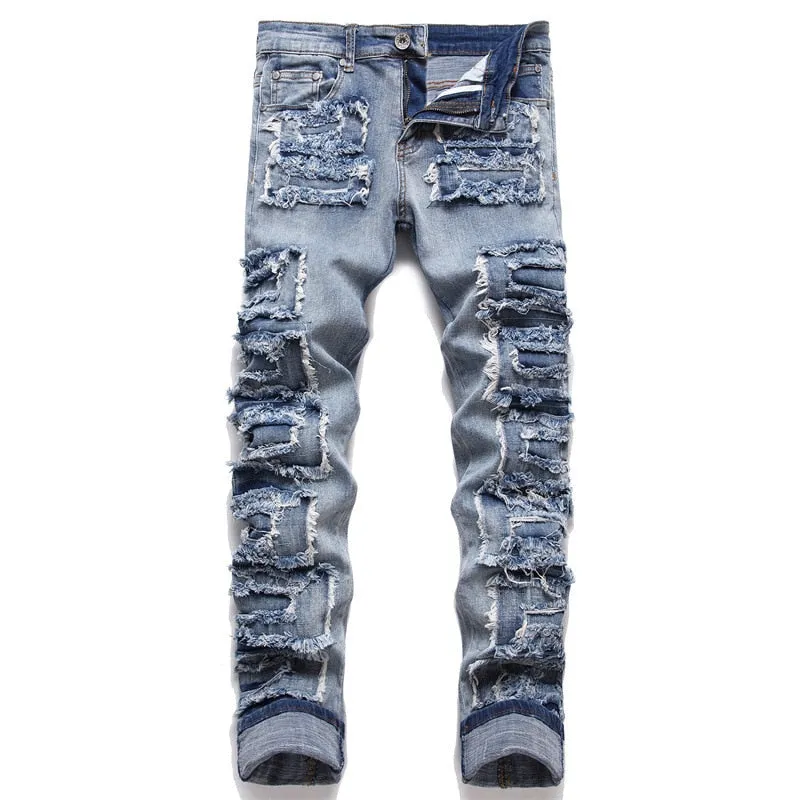 Men's Denim Punk Style Ripped Slim Fit Streetwear Straight Leg Jeans