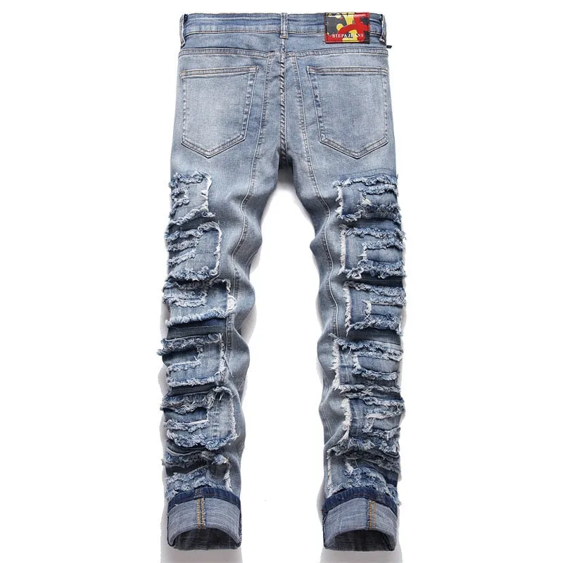 Men's Denim Punk Style Ripped Slim Fit Streetwear Straight Leg Jeans