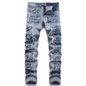 Men's Denim Punk Style Ripped Slim Fit Streetwear Straight Leg Jeans