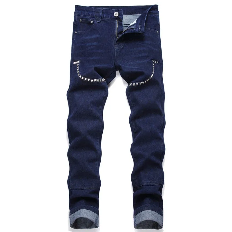 Men's European Style Blue Patchwork Mid Waist Straight Leg Jeans Pants