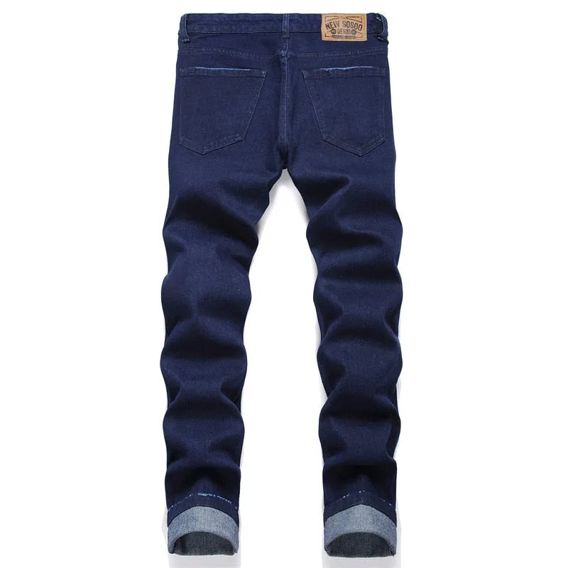 Men's European Style Blue Patchwork Mid Waist Straight Leg Jeans Pants