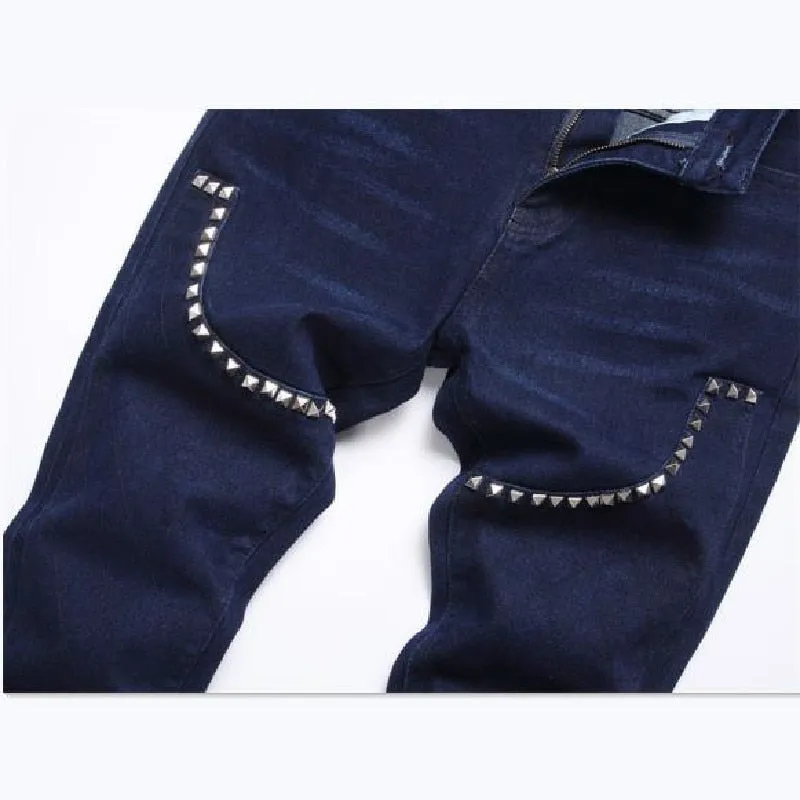 Men's European Style Blue Patchwork Mid Waist Straight Leg Jeans Pants