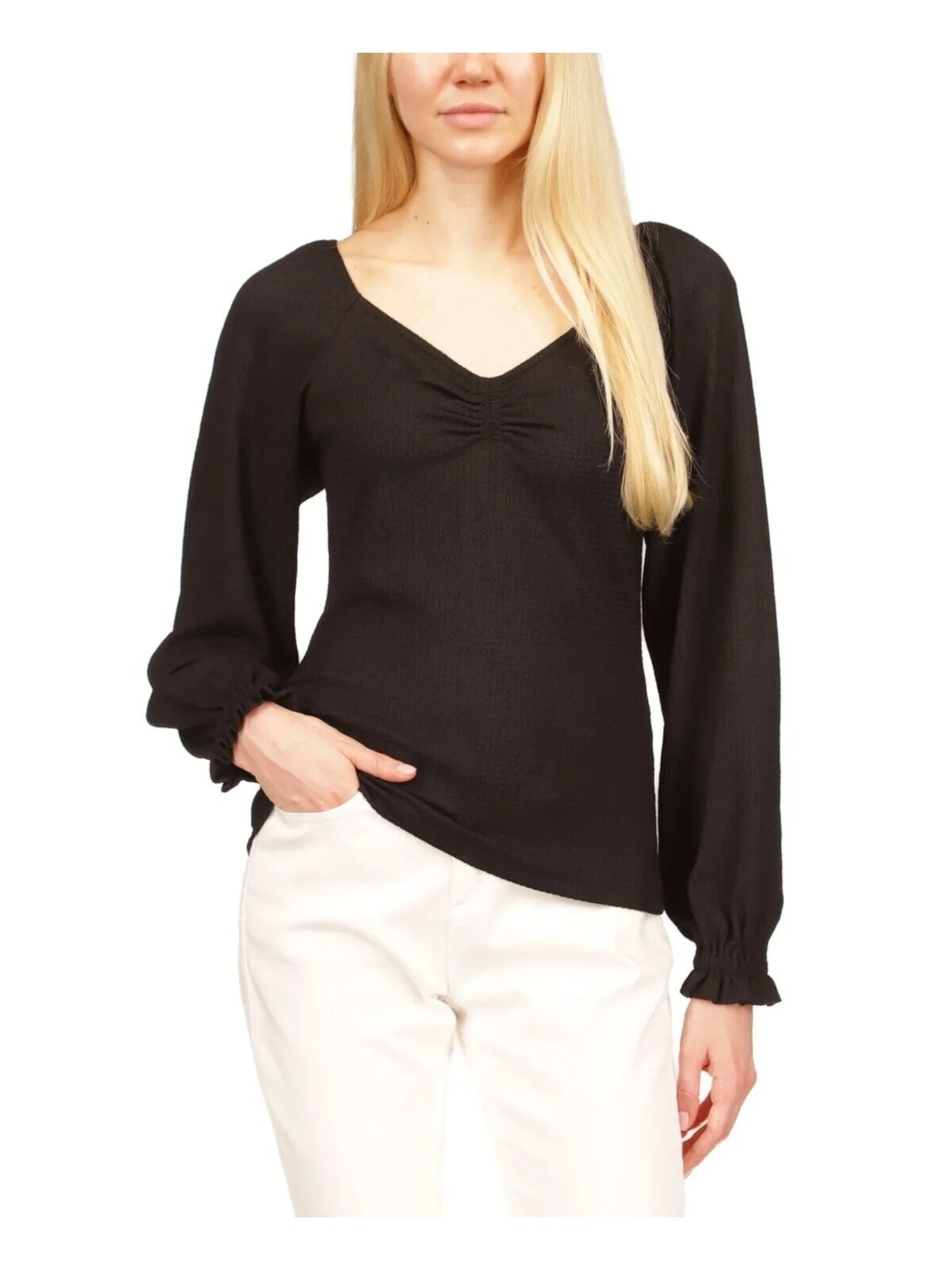 MICHAEL MICHAEL KORS Womens Black Textured Ruched Elastic Cuffs Long Sleeve V Neck Top