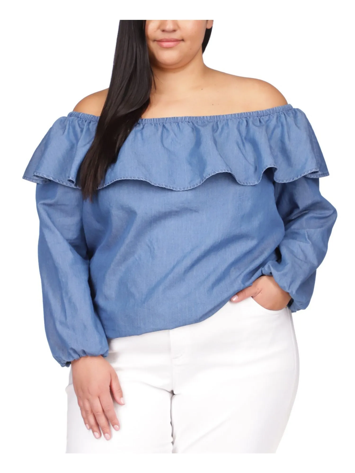 MICHAEL MICHAEL KORS Womens Blue Ruffled Long Sleeve Off Shoulder Top