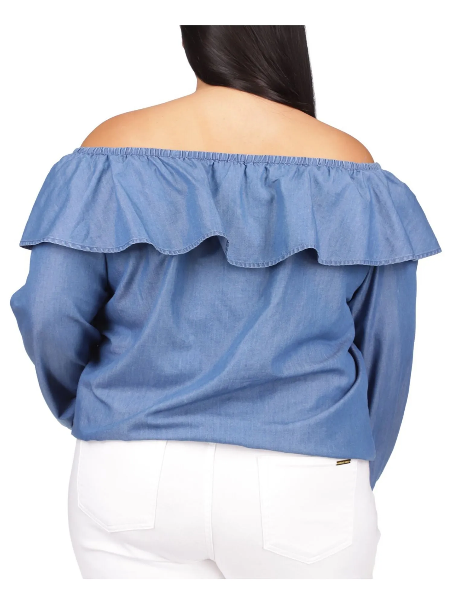 MICHAEL MICHAEL KORS Womens Blue Ruffled Long Sleeve Off Shoulder Top