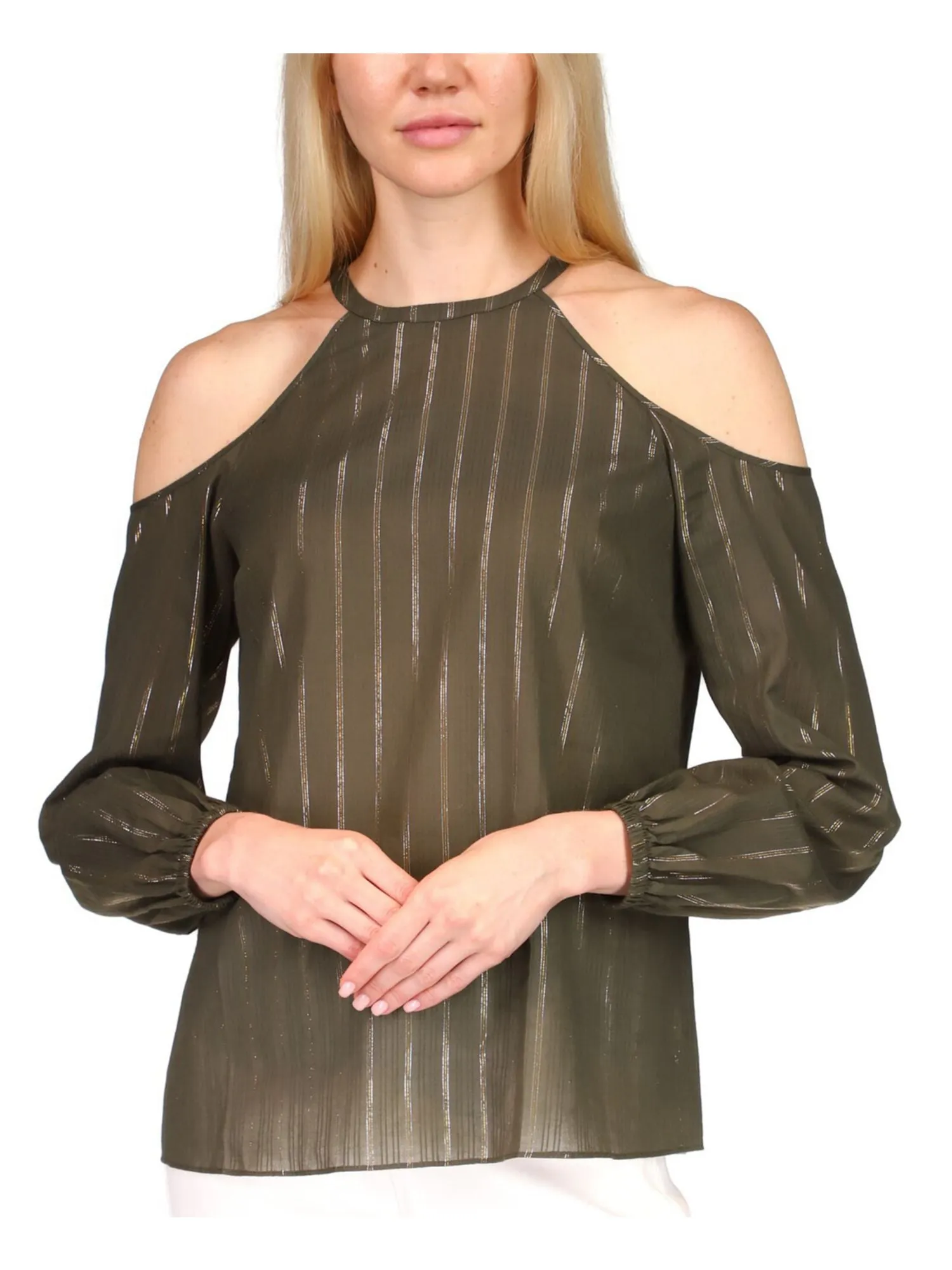 MICHAEL MICHAEL KORS Womens Green Cold Shoulder Keyhole Back Elastic Cuffs Long Sleeve Round Neck Top