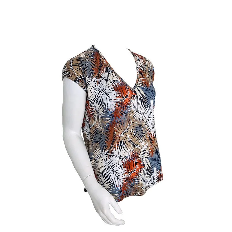 Multi-Coloured Leaf Pattern Deep V-Neck Blouse