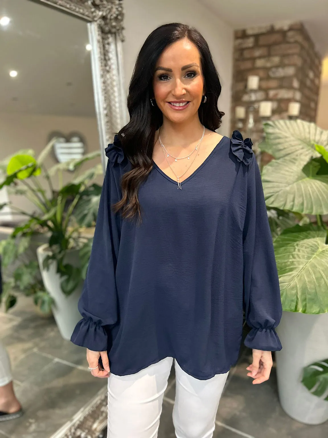 Navy Crepe Frill Shoulder Blouse Danni