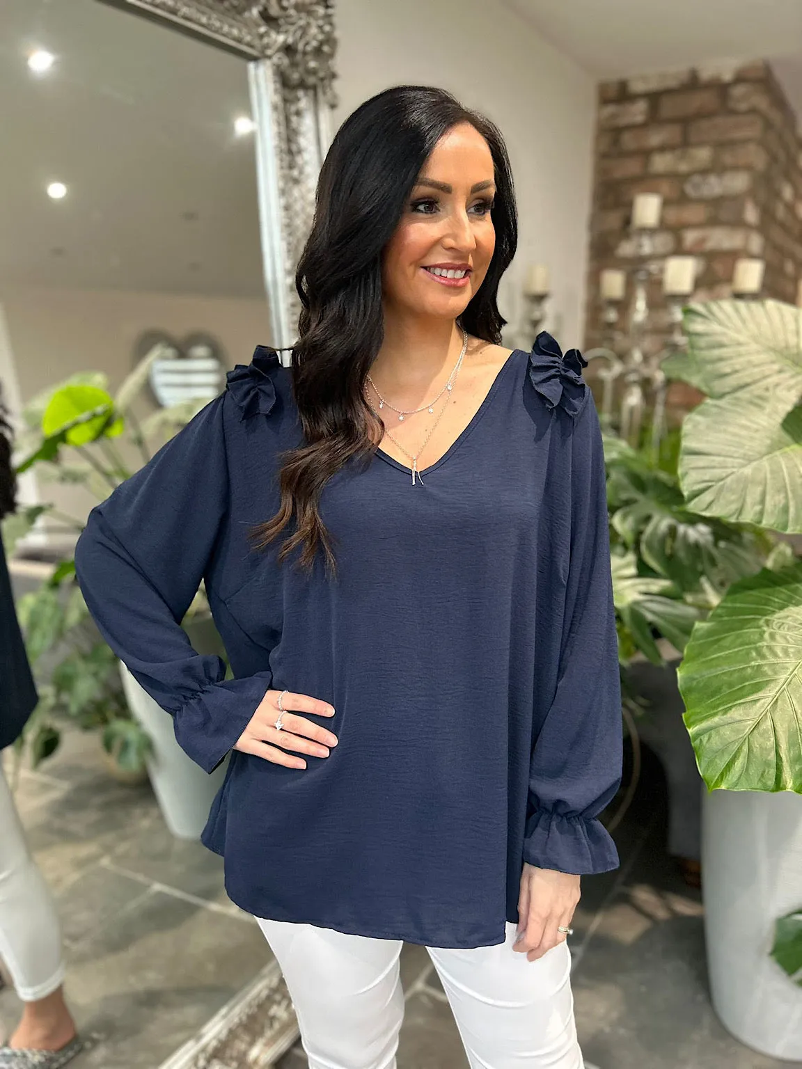 Navy Crepe Frill Shoulder Blouse Danni