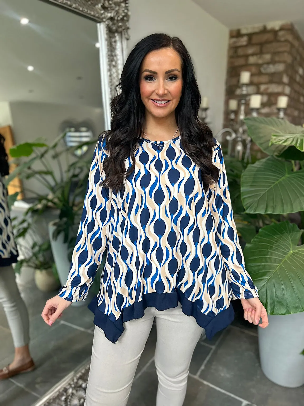 Navy Crepe Hem Swirl Top Sam