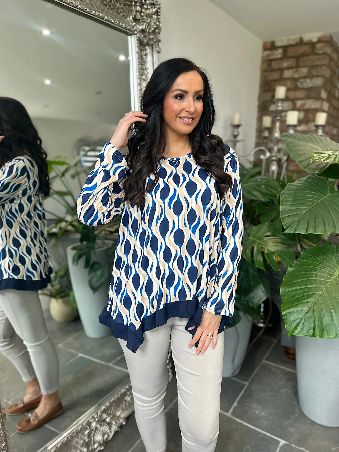 Navy Crepe Hem Swirl Top Sam